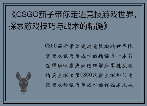 《CSGO茄子带你走进竞技游戏世界，探索游戏技巧与战术的精髓》
