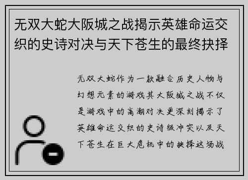 无双大蛇大阪城之战揭示英雄命运交织的史诗对决与天下苍生的最终抉择