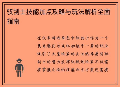 驭剑士技能加点攻略与玩法解析全面指南